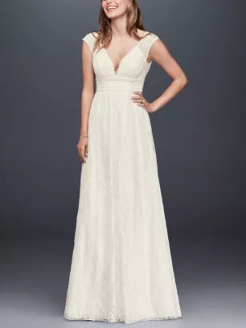 Galina Lace Sheath Wedding Dress w/Illusion Cap Sleeves and Banded Empire Waist